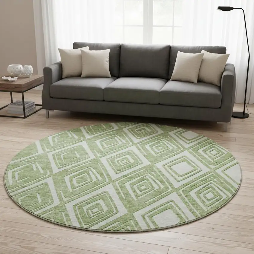 8' Green And Ivory Geometric Washable Round Rug With UV Protection Photo 1