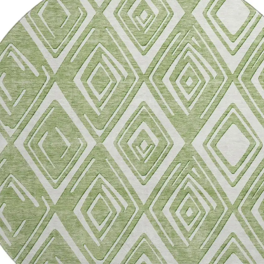 8' Green And Ivory Geometric Washable Round Rug With UV Protection Photo 4