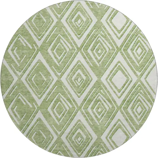 8' Green And Ivory Geometric Washable Round Rug With UV Protection Photo 2