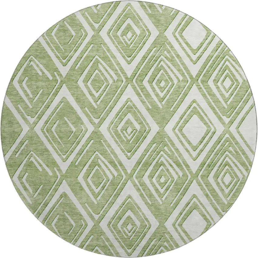 8' Green And Ivory Geometric Washable Round Rug With UV Protection Photo 2