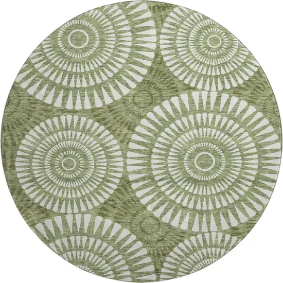 8' Green And Ivory Geometric Washable Round Rug With UV Protection Photo 1