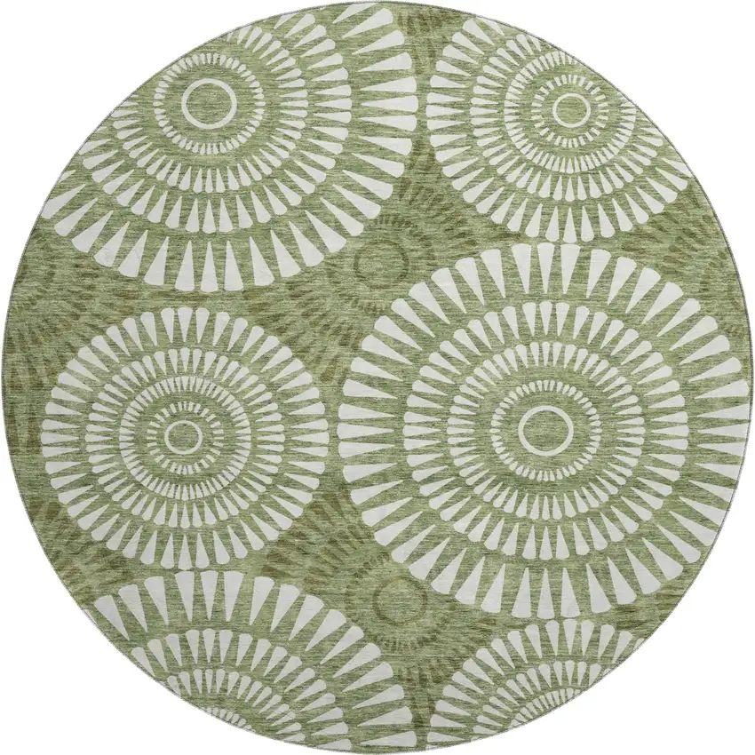 8' Green And Ivory Geometric Washable Round Rug With UV Protection Photo 1
