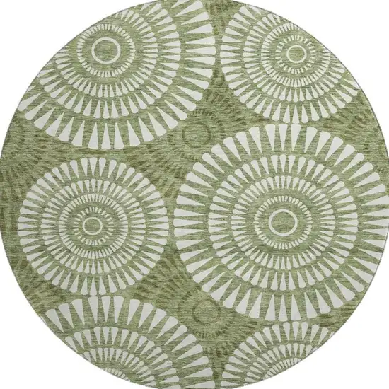8' Green And Ivory Geometric Washable Round Rug With UV Protection Photo 3