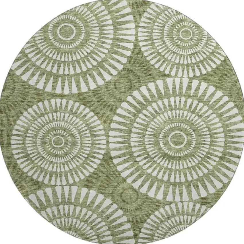 8' Green And Ivory Geometric Washable Round Rug With UV Protection Photo 3