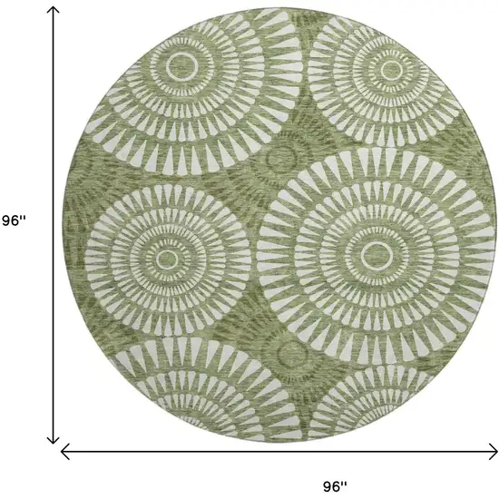 8' Green And Ivory Geometric Washable Round Rug With UV Protection Photo 8