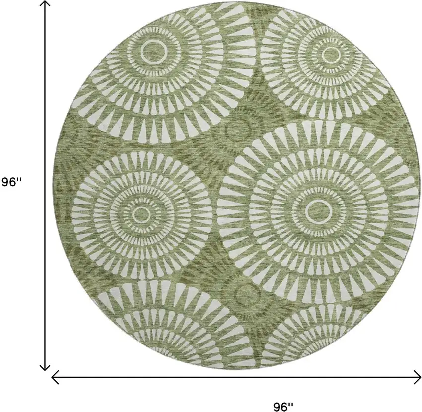 8' Green And Ivory Geometric Washable Round Rug With UV Protection Photo 8