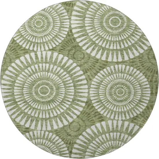8' Green And Ivory Geometric Washable Round Rug With UV Protection Photo 4