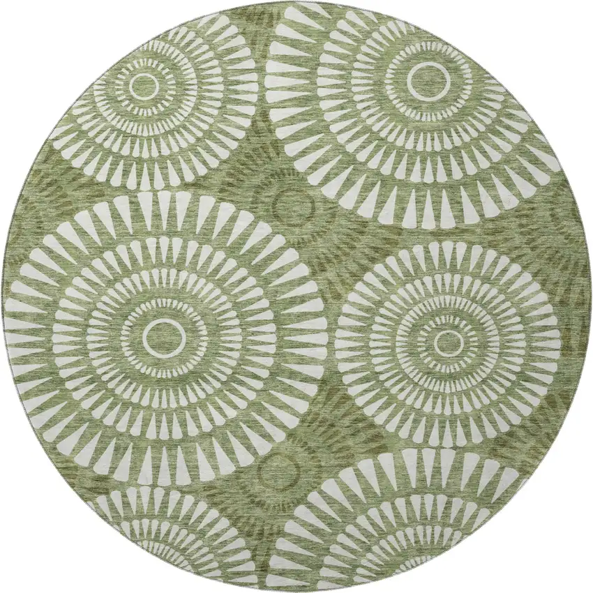 8' Green And Ivory Geometric Washable Round Rug With UV Protection Photo 4