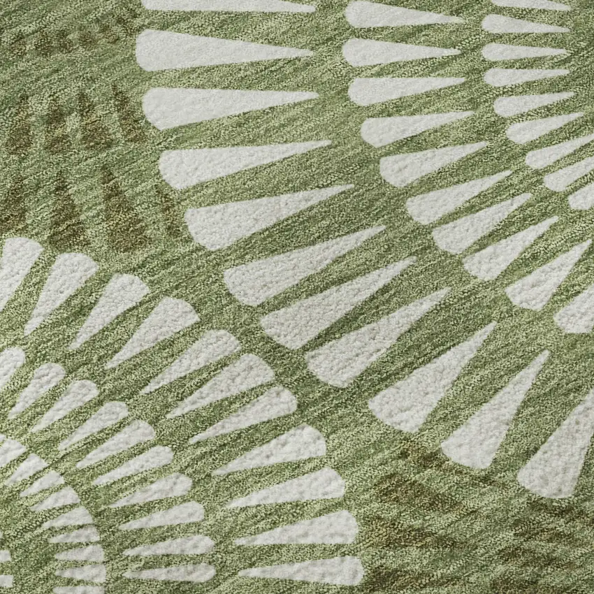 8' Green And Ivory Geometric Washable Round Rug With UV Protection Photo 9