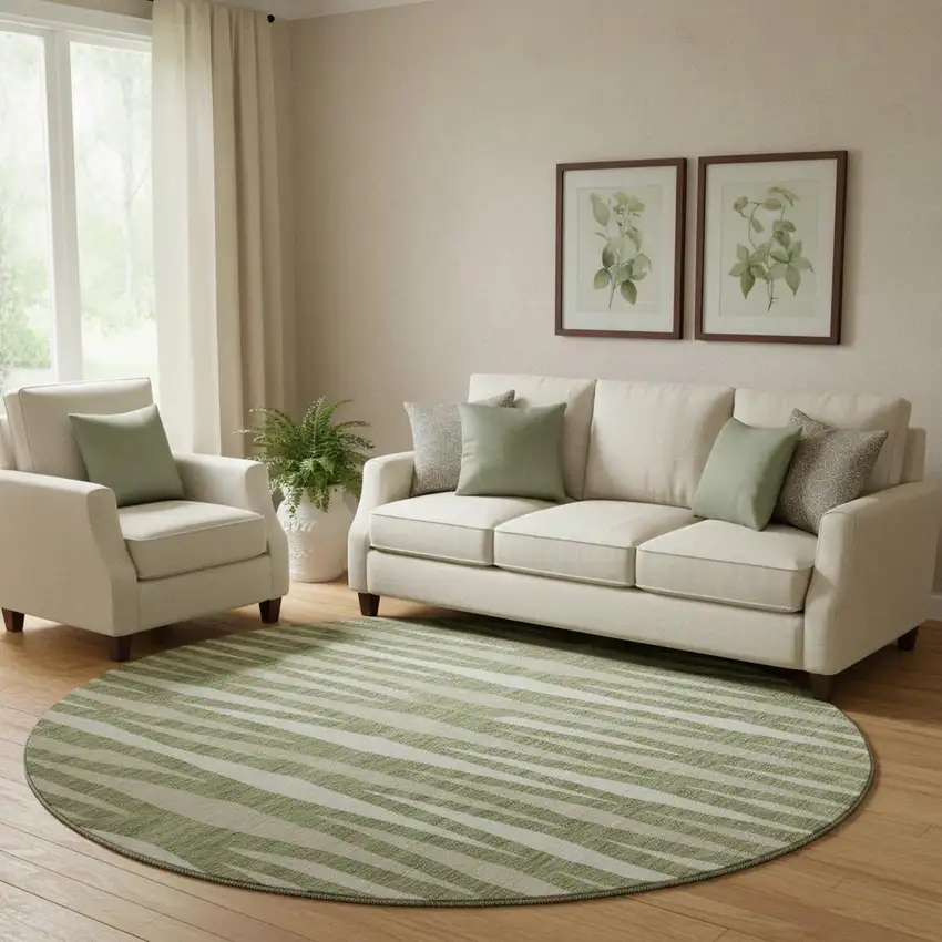 8' Green And Ivory Geometric Washable Round Rug With UV Protection Photo 1