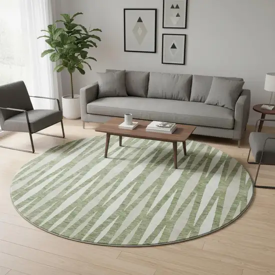 8' Green And Ivory Geometric Washable Round Rug With UV Protection Photo 2