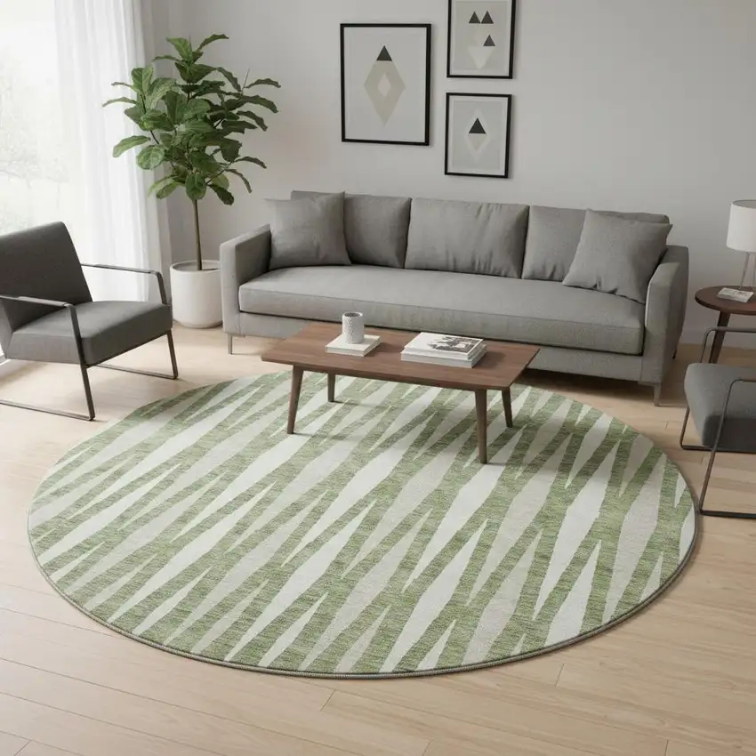 8' Green And Ivory Geometric Washable Round Rug With UV Protection Photo 2