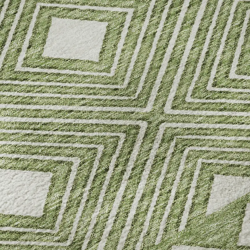 8' Green And Ivory Geometric Washable Round Rug With UV Protection Photo 9