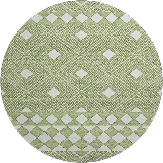 8' Green And Ivory Geometric Washable Round Rug With UV Protection Photo 1