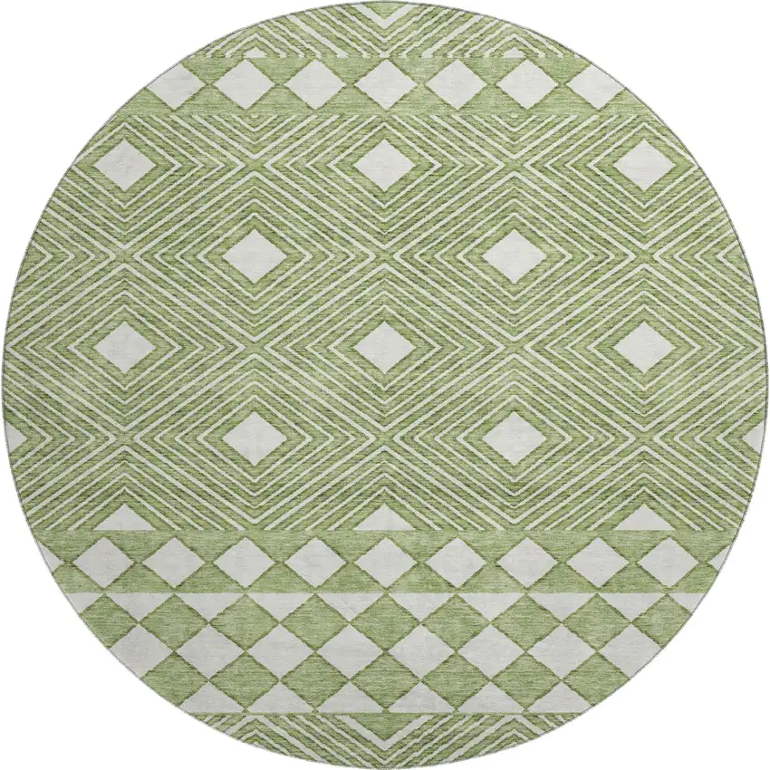 8' Green And Ivory Geometric Washable Round Rug With UV Protection Photo 1