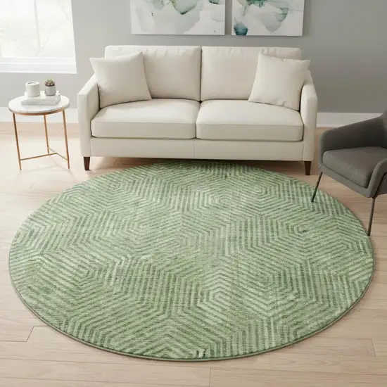 8' Green And Ivory Geometric Washable Round Rug With UV Protection Photo 2