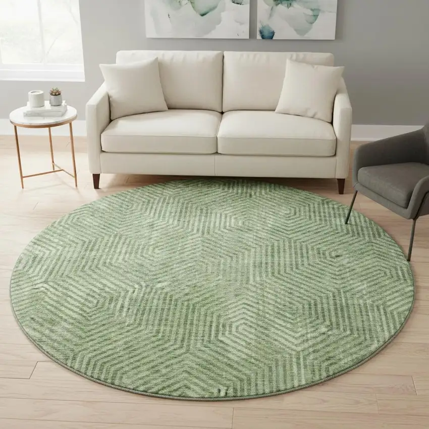 8' Green And Ivory Geometric Washable Round Rug With UV Protection Photo 2