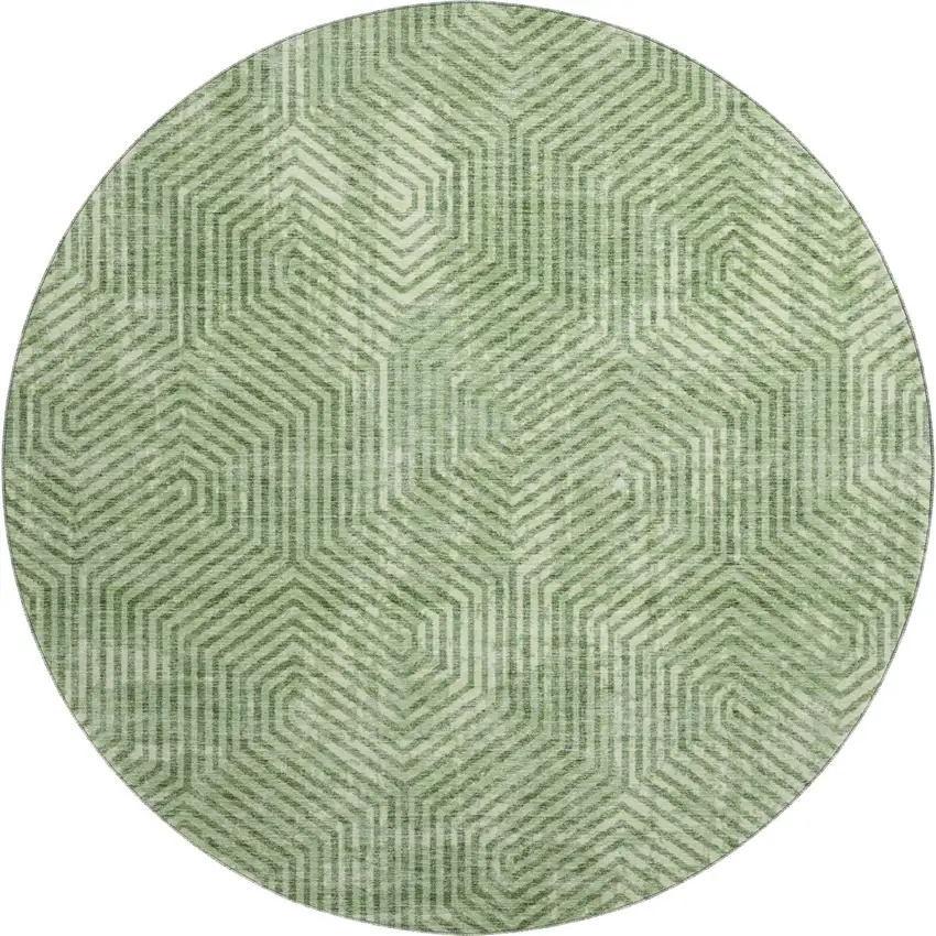8' Green And Ivory Geometric Washable Round Rug With UV Protection Photo 1