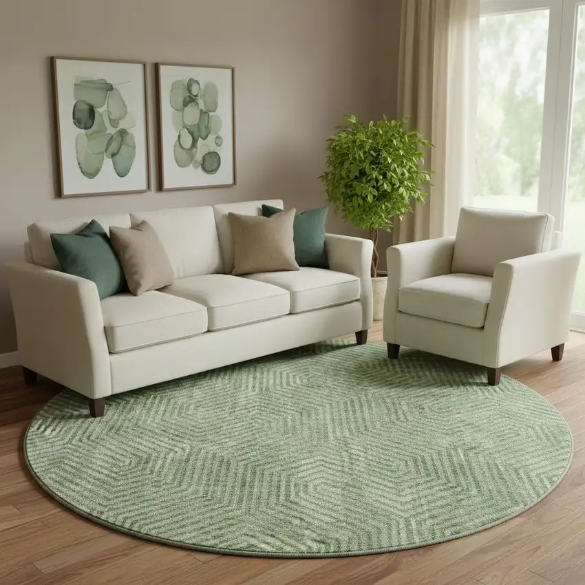 8' Green And Ivory Geometric Washable Round Rug With UV Protection Photo 1