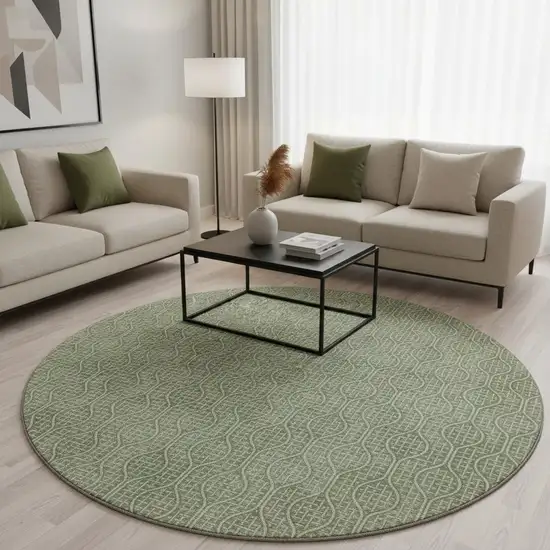 8' Green And Ivory Geometric Washable Round Rug With UV Protection Photo 2