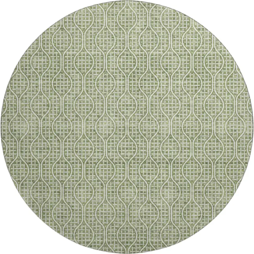 8' Green And Ivory Geometric Washable Round Rug With UV Protection Photo 1