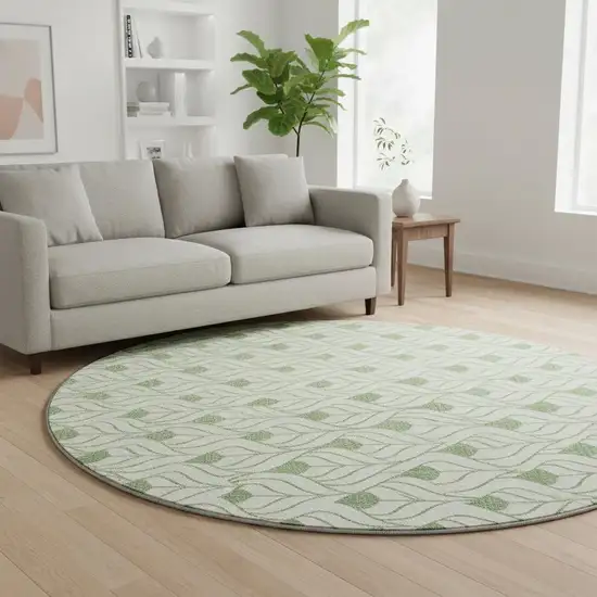 8' Green And Ivory Geometric Washable Round Rug With UV Protection Photo 2