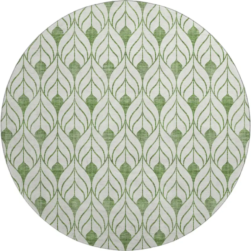 8' Green And Ivory Geometric Washable Round Rug With UV Protection Photo 1