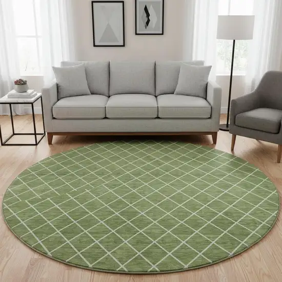 8' Green And Ivory Geometric Washable Round Rug With UV Protection Photo 2