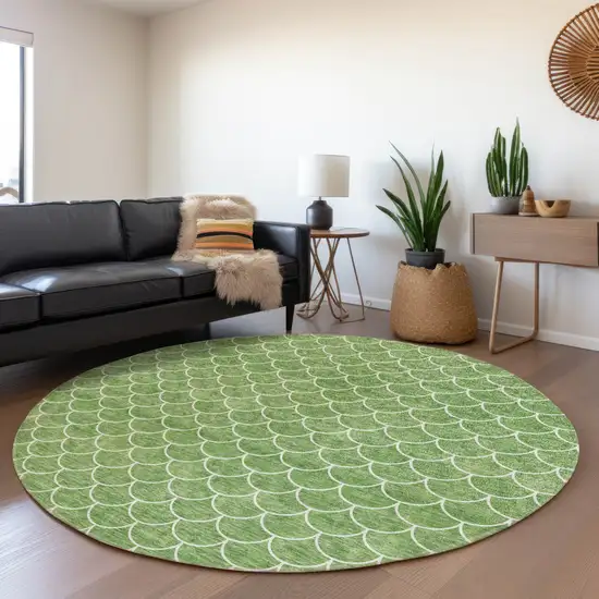 8' Green And Ivory Geometric Washable Round Rug With UV Protection Photo 4