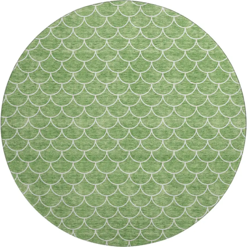 8' Green And Ivory Geometric Washable Round Rug With UV Protection Photo 1