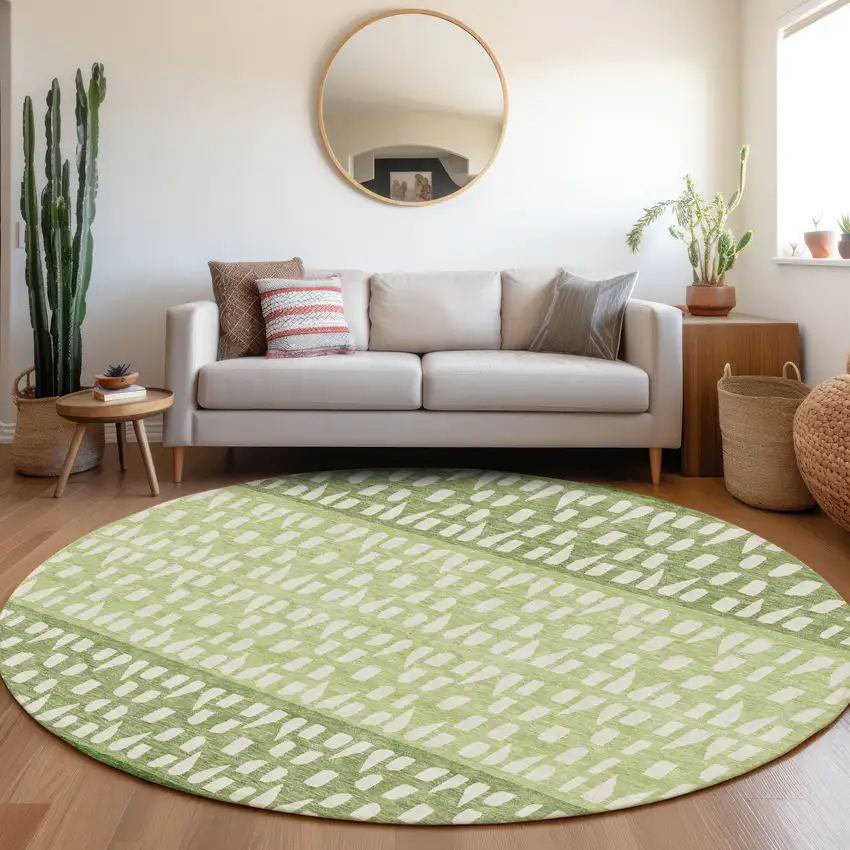 8' Green And Ivory Geometric Washable Round Rug With UV Protection Photo 5