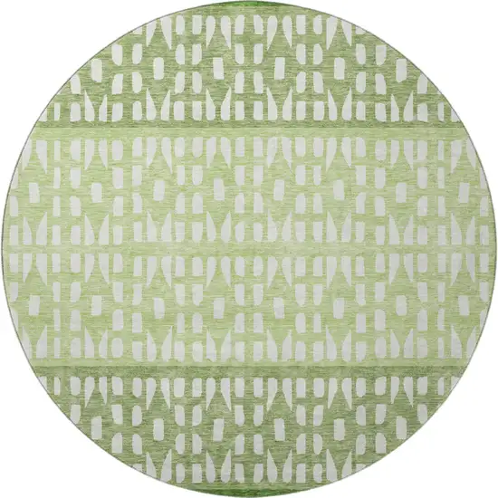 8' Green And Ivory Geometric Washable Round Rug With UV Protection Photo 3