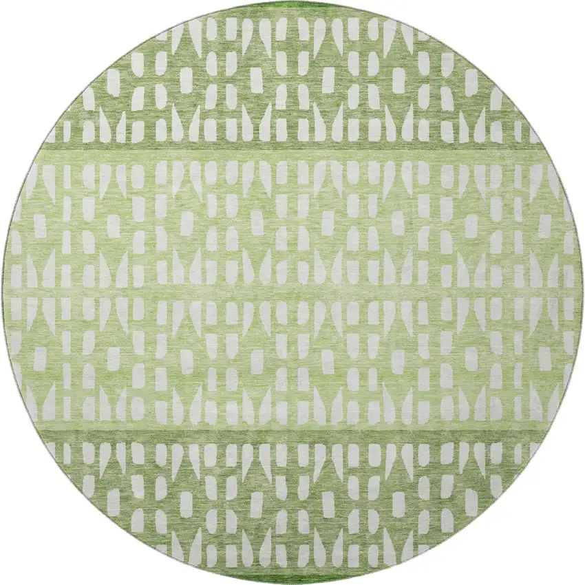 8' Green And Ivory Geometric Washable Round Rug With UV Protection Photo 3