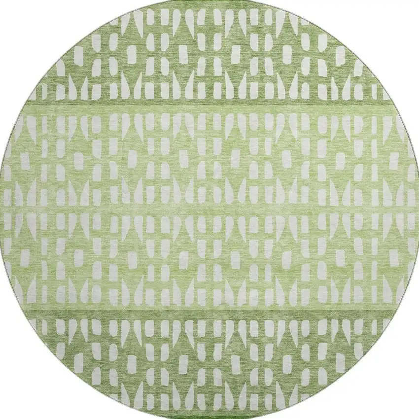 8' Green And Ivory Geometric Washable Round Rug With UV Protection Photo 2