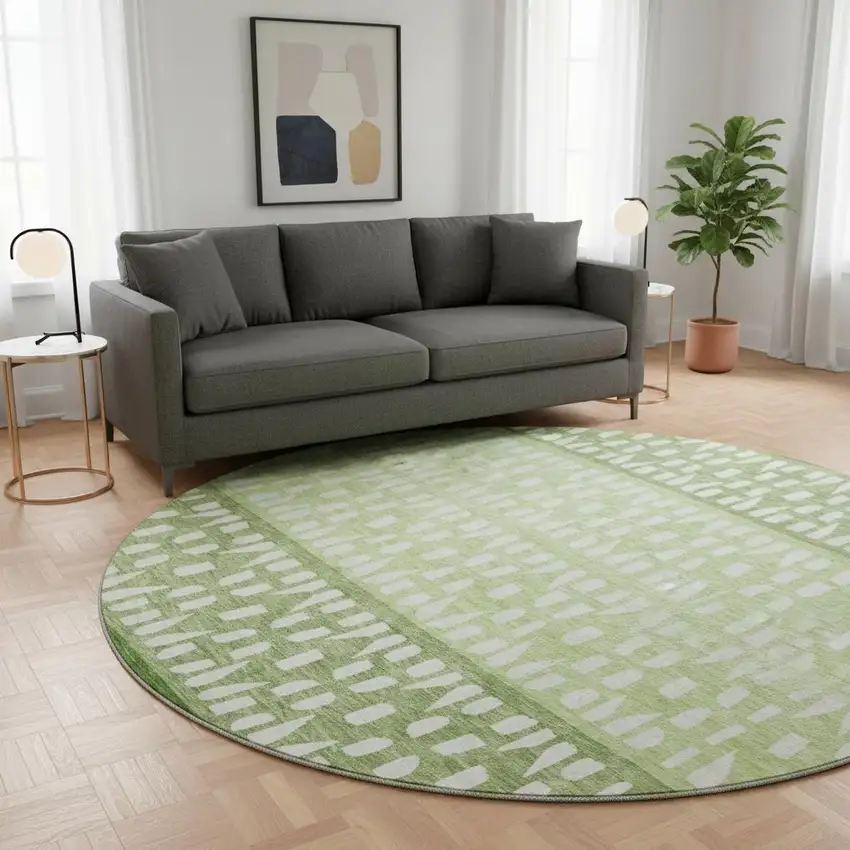 8' Green And Ivory Geometric Washable Round Rug With UV Protection Photo 2