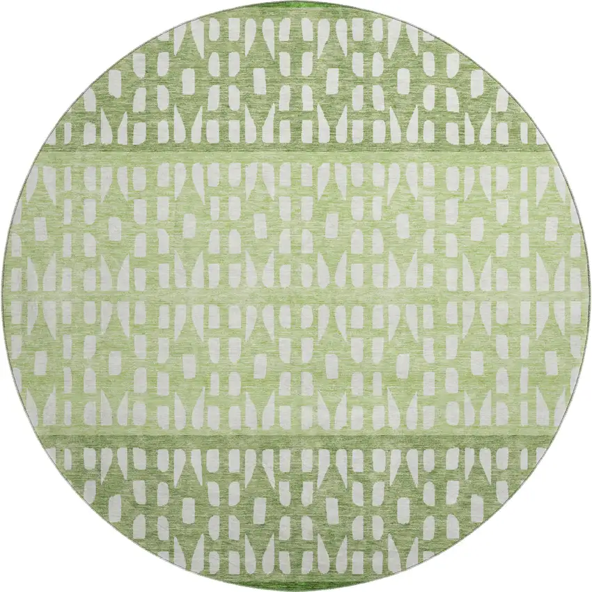 8' Green And Ivory Geometric Washable Round Rug With UV Protection Photo 1