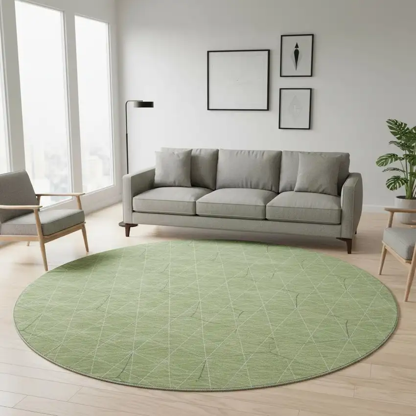 8' Green And Ivory Geometric Washable Round Rug With UV Protection Photo 2