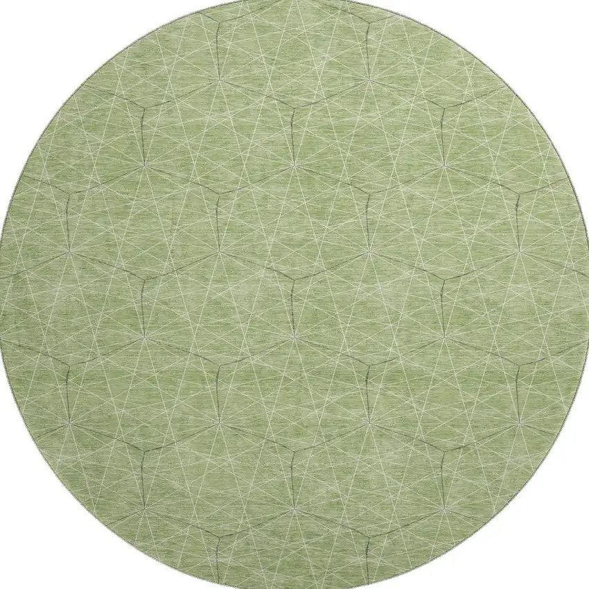 8' Green And Ivory Geometric Washable Round Rug With UV Protection Photo 3