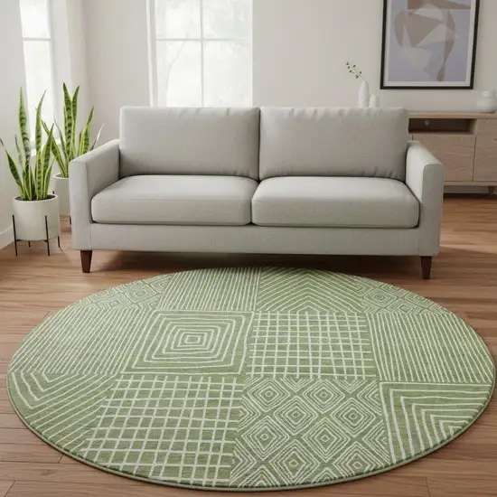 8' Green And Ivory Geometric Washable Round Rug With UV Protection Photo 2
