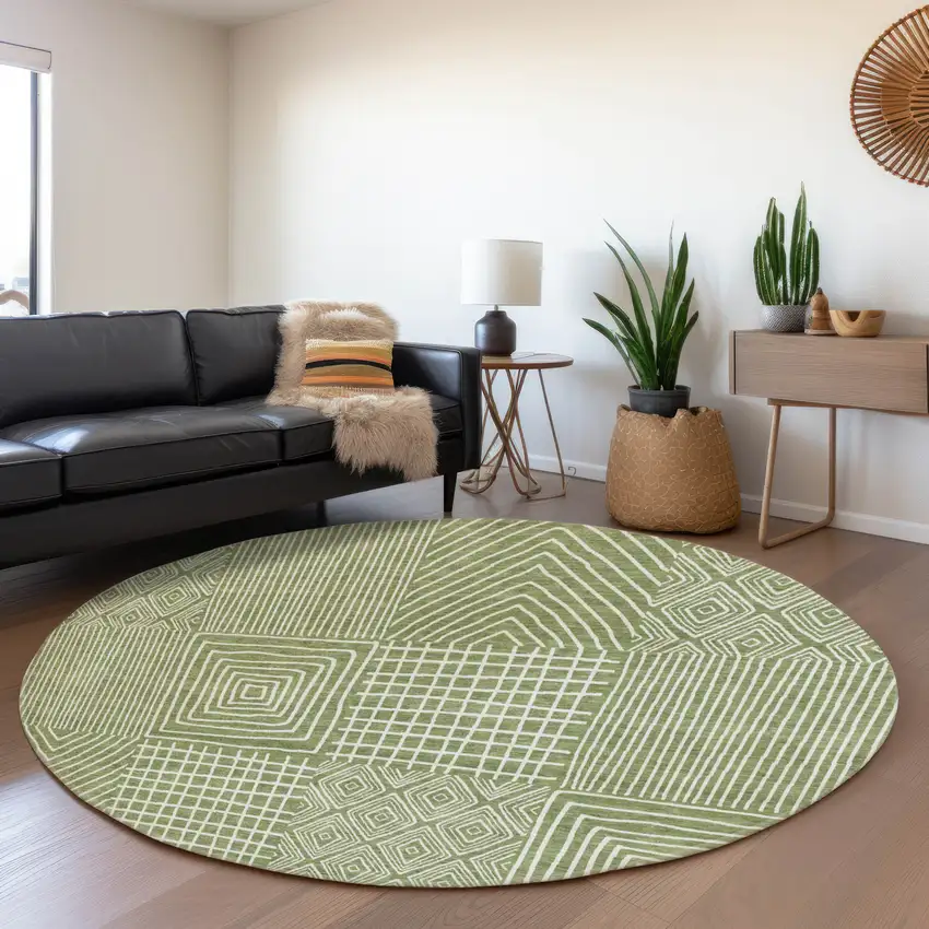 8' Green And Ivory Geometric Washable Round Rug With UV Protection Photo 4