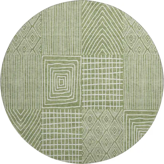 8' Green And Ivory Geometric Washable Round Rug With UV Protection Photo 1