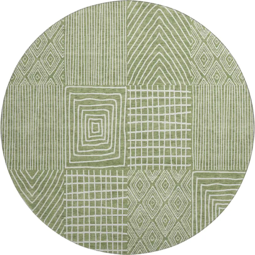 8' Green And Ivory Geometric Washable Round Rug With UV Protection Photo 1