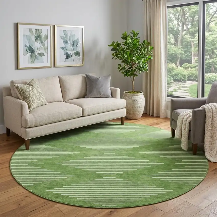 8' Green And Ivory Geometric Washable Round Rug With UV Protection Photo 1