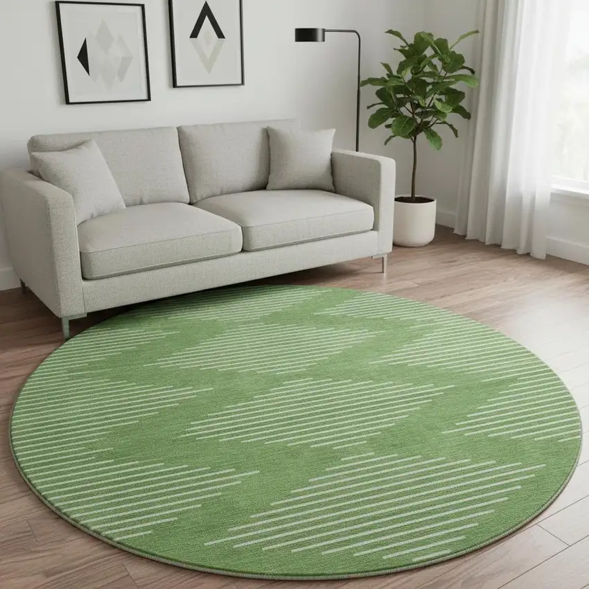 8' Green And Ivory Geometric Washable Round Rug With UV Protection Photo 2