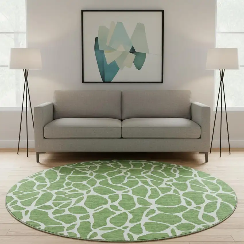 8' Green And Ivory Geometric Washable Round Rug With UV Protection Photo 2