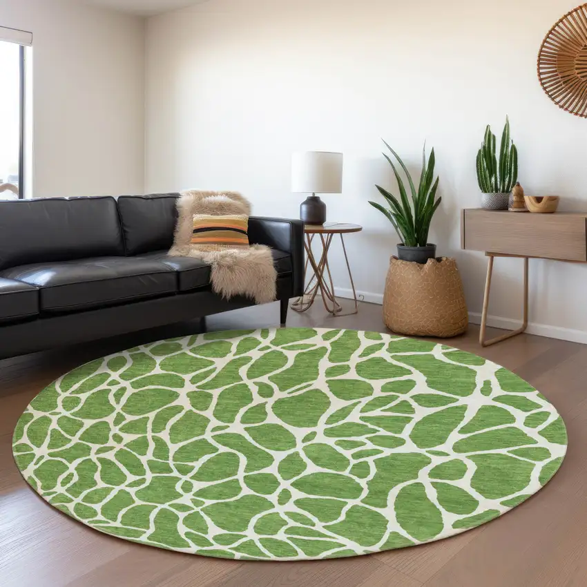 8' Green And Ivory Geometric Washable Round Rug With UV Protection Photo 4