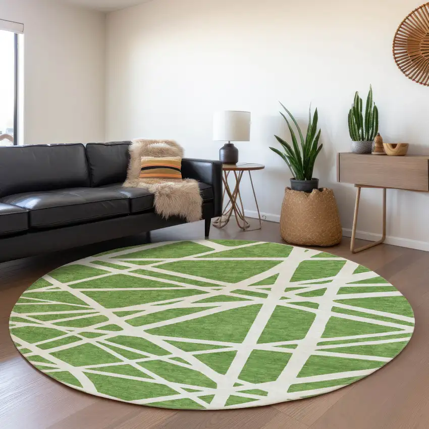 8' Green And Ivory Geometric Washable Round Rug With UV Protection Photo 4
