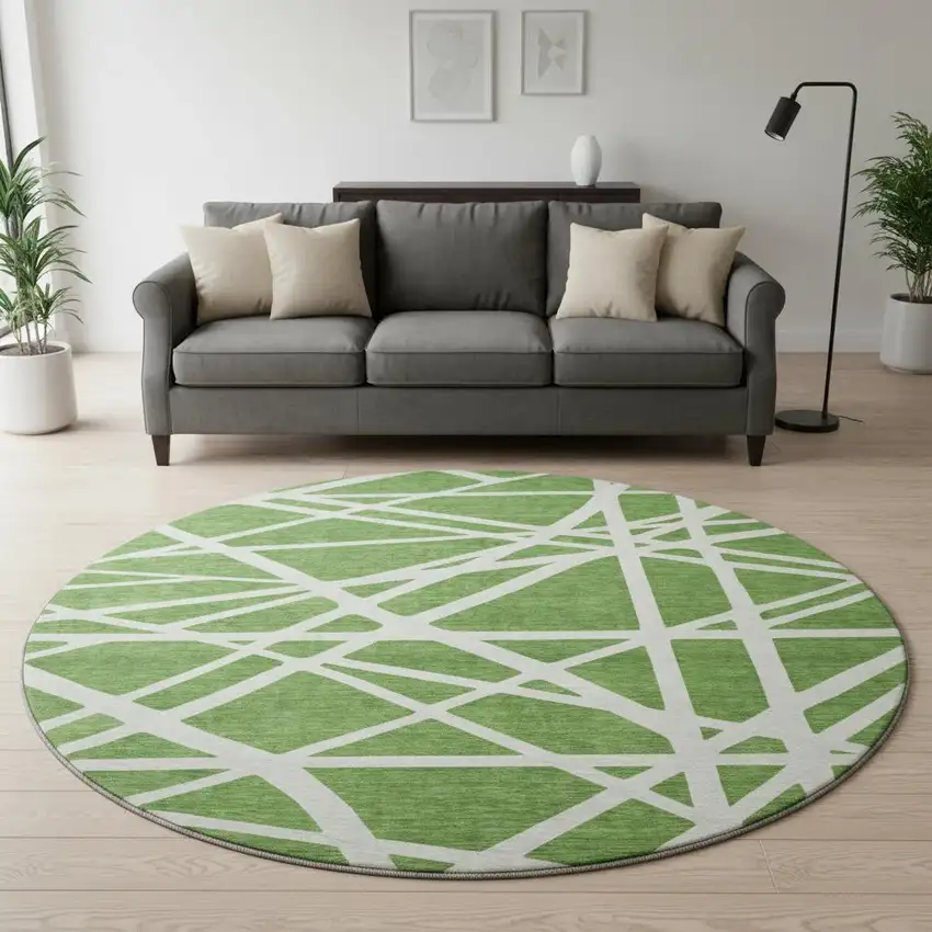 8' Green And Ivory Geometric Washable Round Rug With UV Protection Photo 2