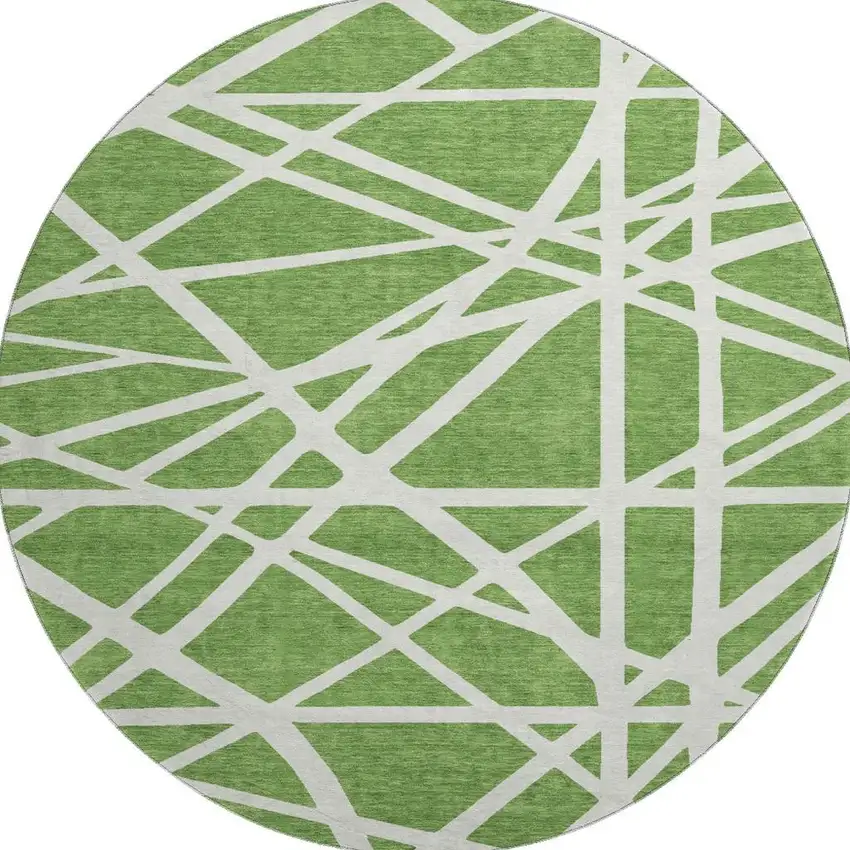 8' Green And Ivory Geometric Washable Round Rug With UV Protection Photo 3
