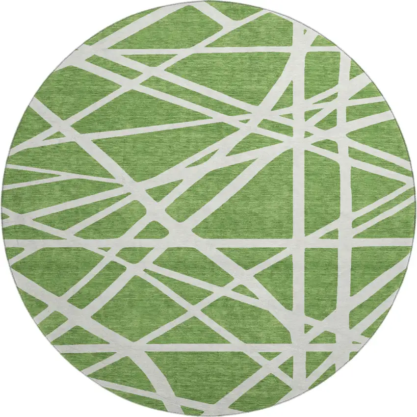 8' Green And Ivory Geometric Washable Round Rug With UV Protection Photo 1